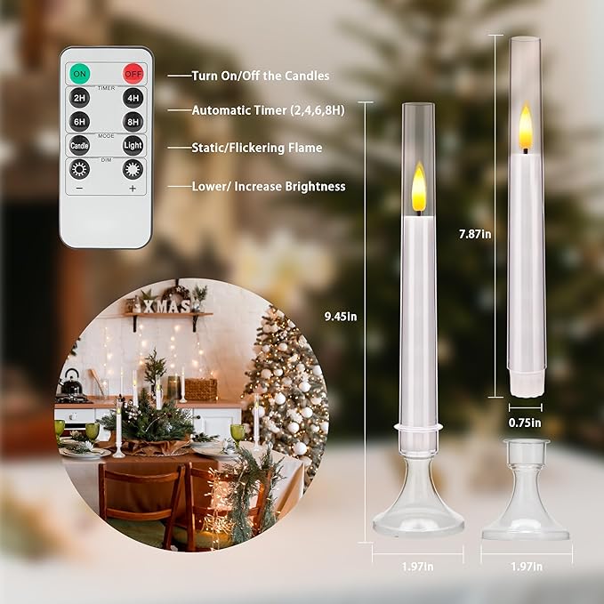 White Flameless Taper Candles, 6 Pack Acrylic LED Candles with Remote Timer, 9.25"x0.75" Battery Operated Flickering Window Candle for Home Wedding Decor, and Holiday Celebrations