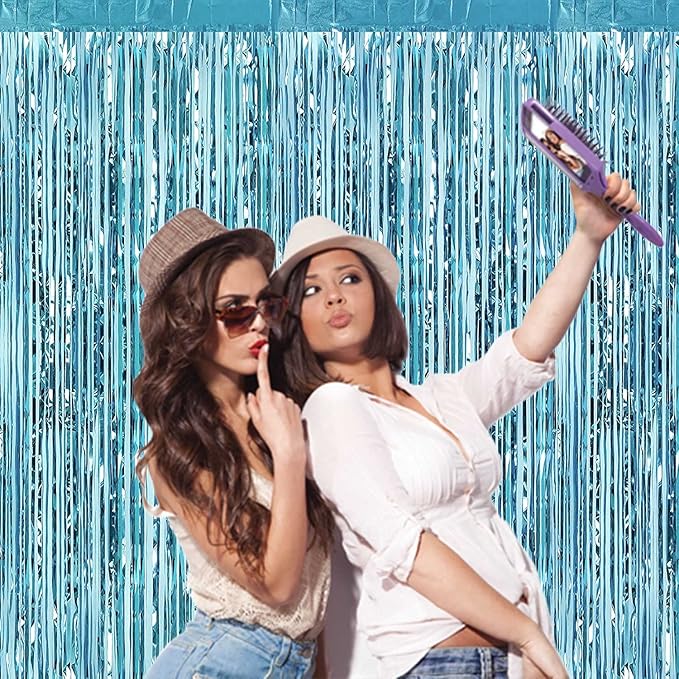 4 Pack Light Blue Foil Fringe Curtain Backdrop, 3.3Ft x 9.8Ft Metallic Tinsel Foil Fringe Streamers Curtains for Photo Booth, Wedding, Thanksgiving, Birthday, Christmas, Halloween Party Decoration