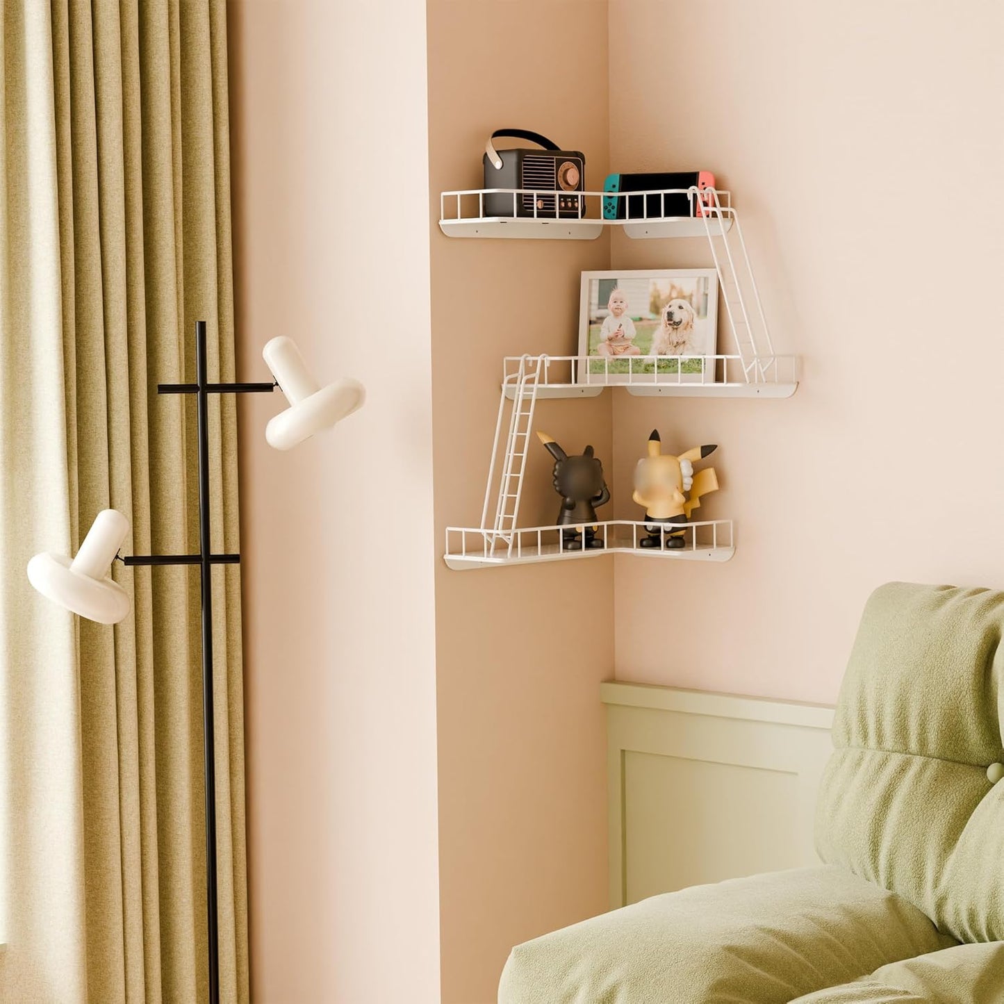 Fire Escape Wall Shelf - Modern City Style 3-Tier Corner Wall Shelves, Easy to Install Metal Ladder Shelf for Figures, New York Decorative Shelves for Bathroom, Living Room & Home Decor,White