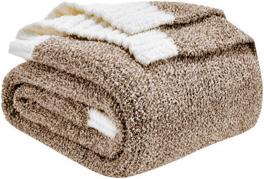 CozeCube Super Soft Fullfy Microfiber Reversible Knitted Blankets, Warm Cozy Fuzzy Plush Throw, Dark Brown and White Melange Throw Blanket for Couch Bed Sofa, 50" x 60"