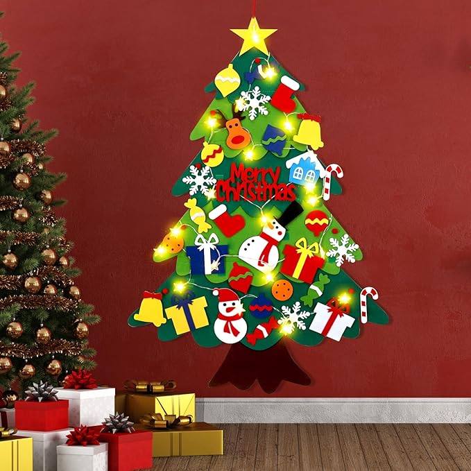 3.2 Ft Felt Christmas Tree for Toddlers with 32 Detachable Ornaments and String Lights, Xmas Gifts, Door Wall Hanging Decorations Indoor