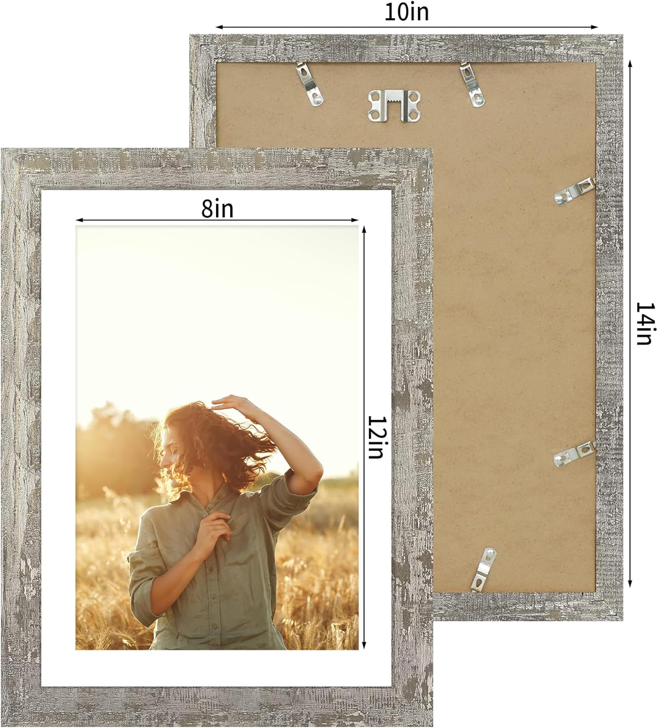 iRahmen 10x14 Picture Frame Set of 4 with Tempered Glass, Distressed Moss Green Frames Display 8x12 Picture with Mat or 10 x 14 Without Mat, Rustic Wood Photo Frames for Wall Mounting