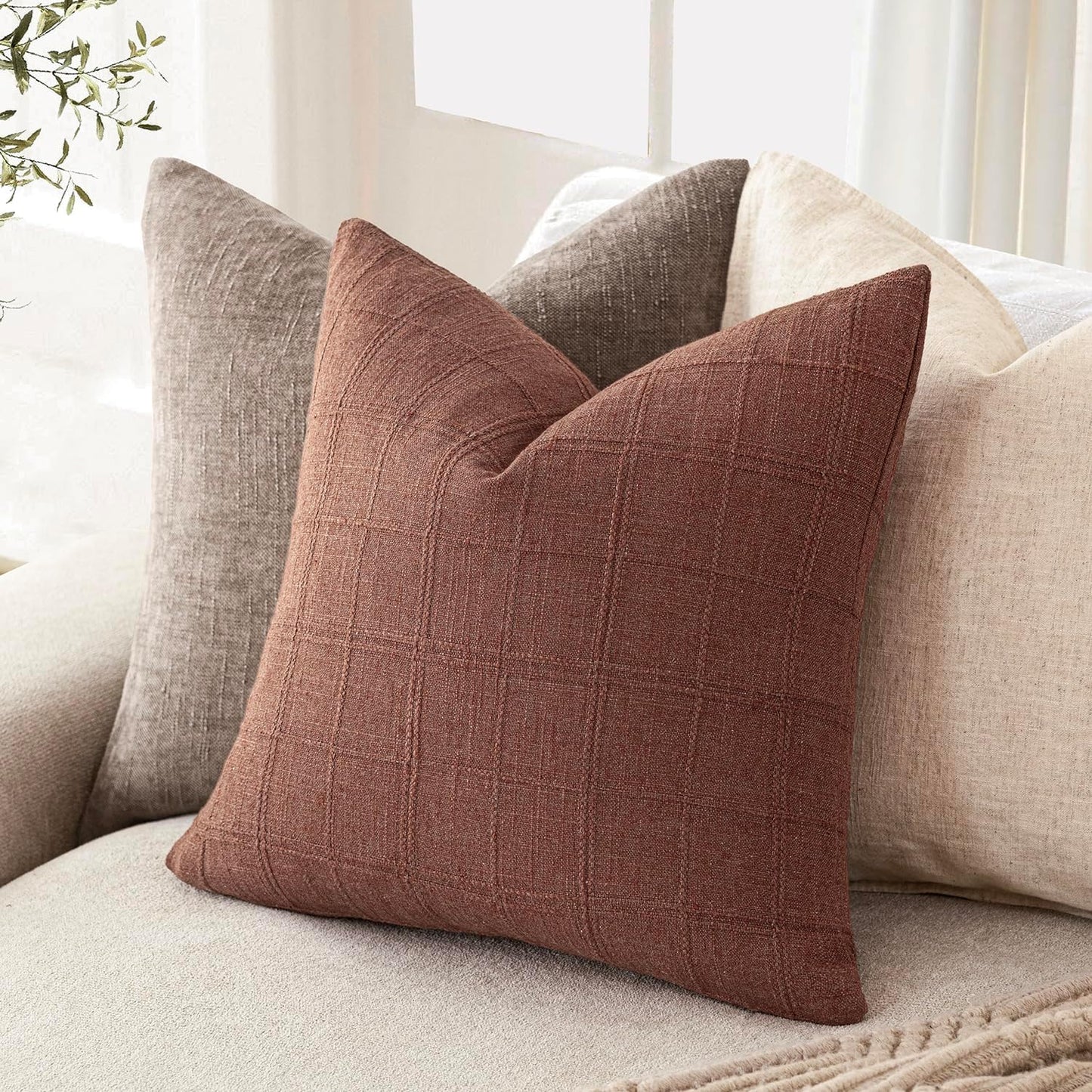 Foindtower Set of 2 Decorative Linen Check Throw Pillow Covers Neutral Farmhouse Vintage Cushion Covers Modern Boho Home Decor for Sofa Chair Couch Bedroom Living Room,24×24 Inch,Autumnal Red