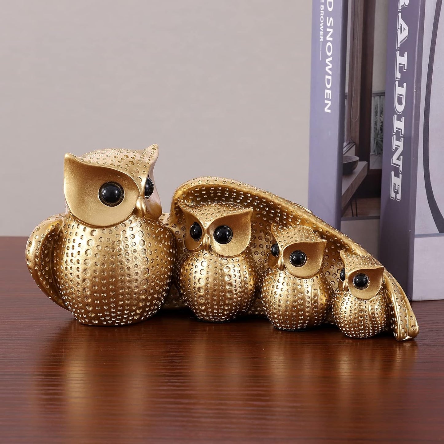 Cute Family of Four owl Figurines Home Décor Sculpture with Three Baby Owls Décor for Shelf Gifts Decoration for Birds Lovers Home,Office, Bookself
