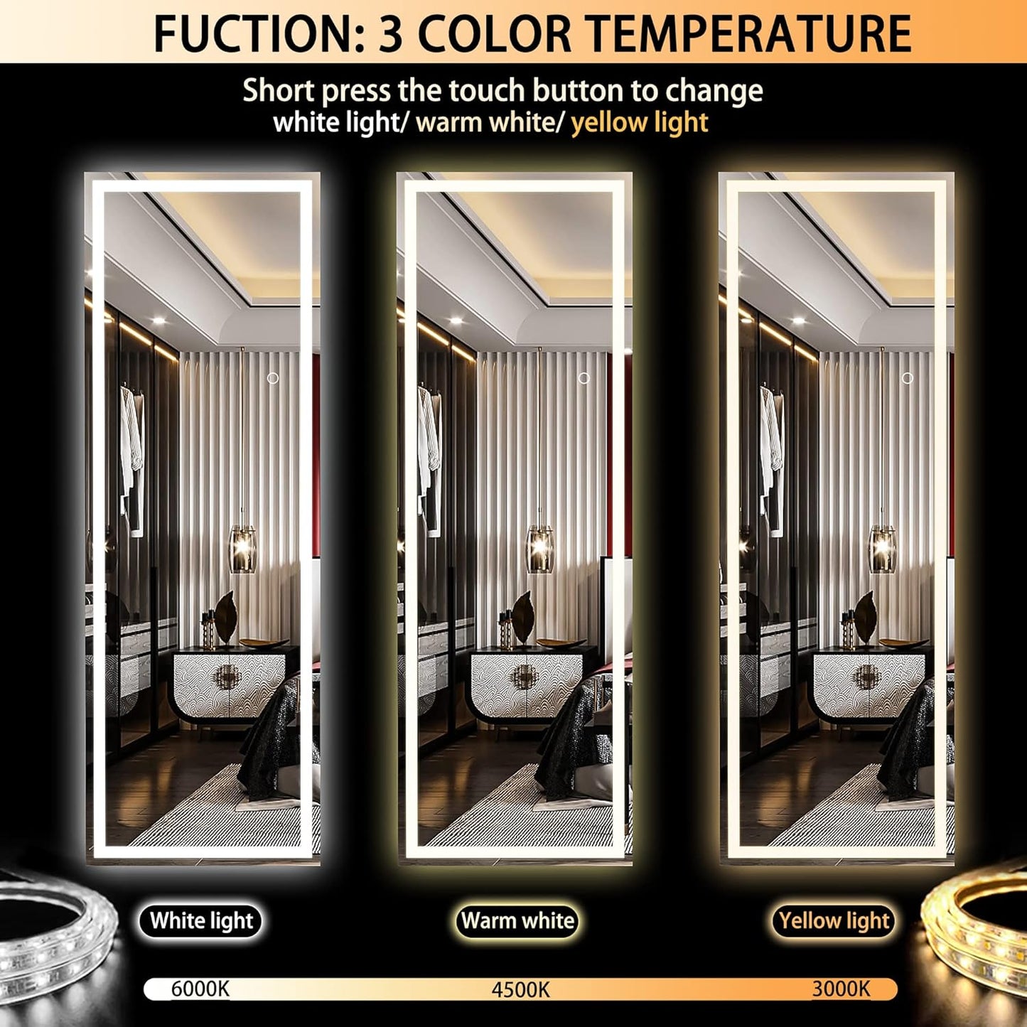 Hasipu Full Length Mirror with Lights, 55.7" x 15.8" LED Floor Mirror, Full Body Dressing Standing, Hanging Mounted Mirrors, Square White, Plastic Frame