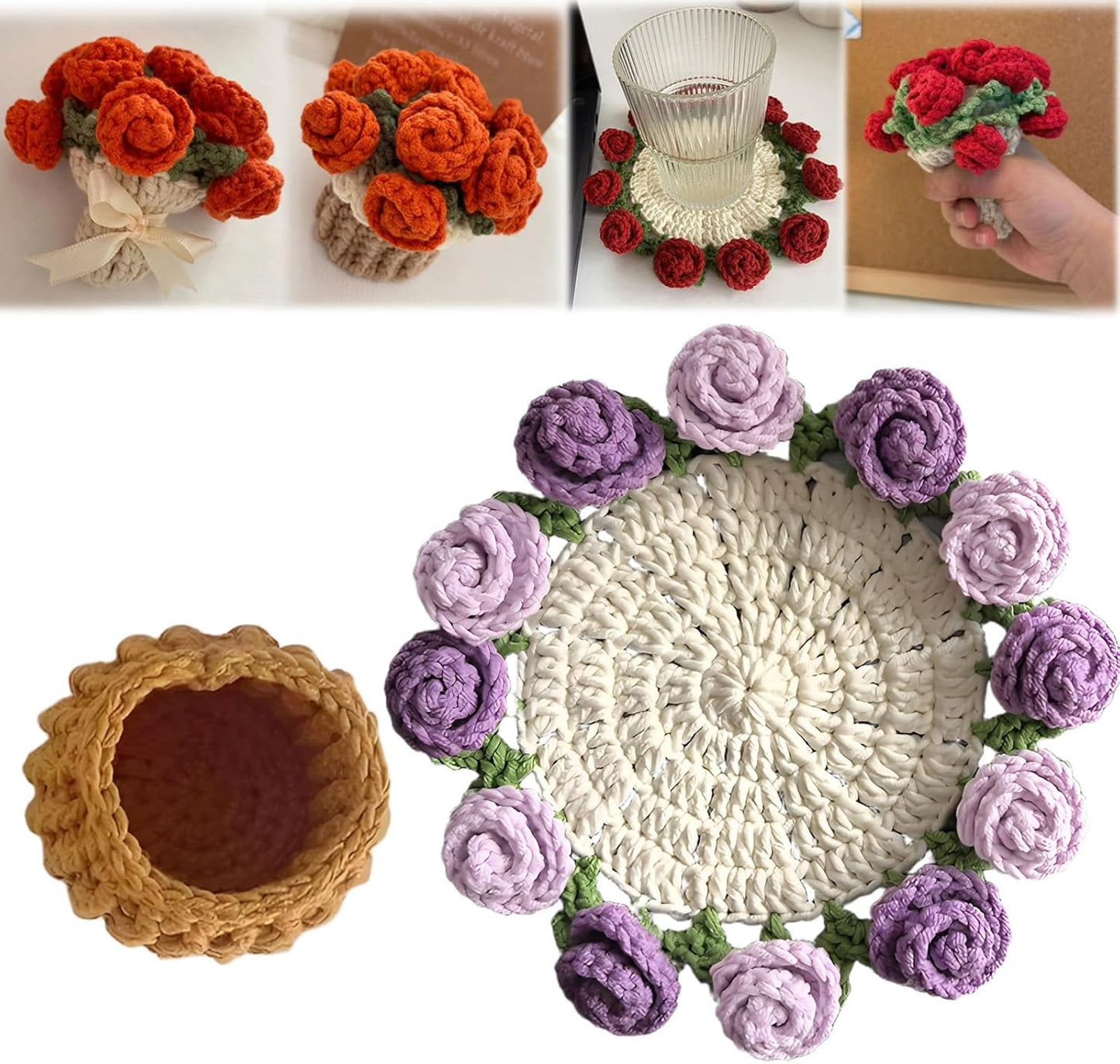Flower Bouquet Blanket Coasters, Tabletop Potted Flowers, Mini Handmade Crochet Rose Romantic Knitted Gift for Girls Mom for Birthday, Anniversary, Valentines,Purple