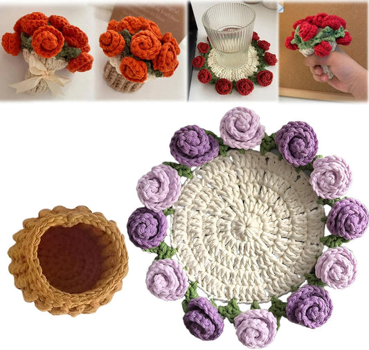 Flower Bouquet Blanket Coasters, Tabletop Potted Flowers, Mini Handmade Crochet Rose Romantic Knitted Gift for Girls Mom for Birthday, Anniversary, Valentines,Purple