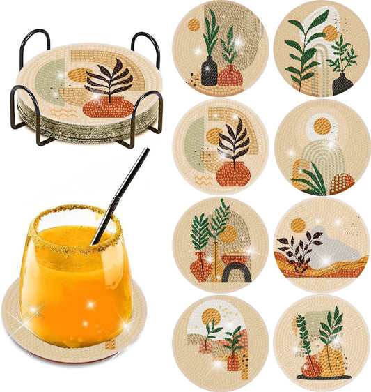 Clendo 8 Pcs Bohemian Style Diamond Painting Coasters Kits for Adults, Abstract Landscape Diamond Art Coasters for Beginners with Holder, Small Diamond Painting Kits for Adults Art Craft Supplies
