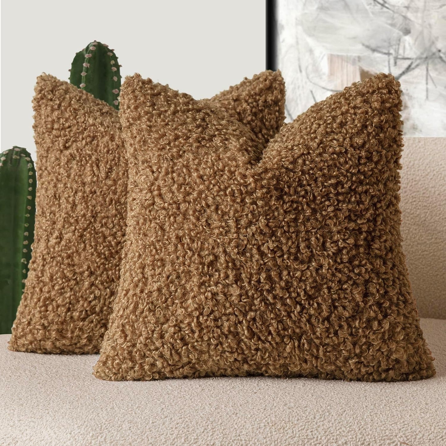 Foindtower 2 Pieces 22x22 Inch Dark Bronze, Faux Fur Throw Pillow Cover Accent Sherpa Furry Pillow Covers Fuzzy Soft Pillowcases Cozy Sheepskin Decorative Fleece Cushion Case for Bed Couch Living Room