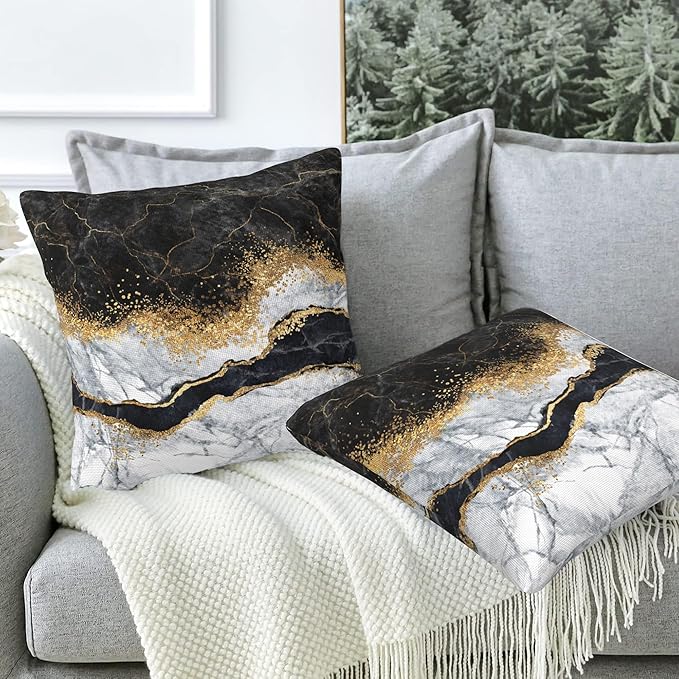 Black and White Marble Throw Pillow Covers Set of 2 Black Gold Marble Pillow Covers 18x18 Inch Modern Farmhouse Home Decorative Pillow Cases Cushion Cover for Sofa Living Room Office