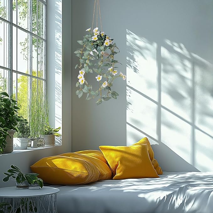 2PCS Artificial Hanging Plant with Pot Faux Hanging Plants Small Hanging Plants Pot with Artificial Vines and Flower Greenery Decoration for Living Room Wall Home Wall Shelf (White)