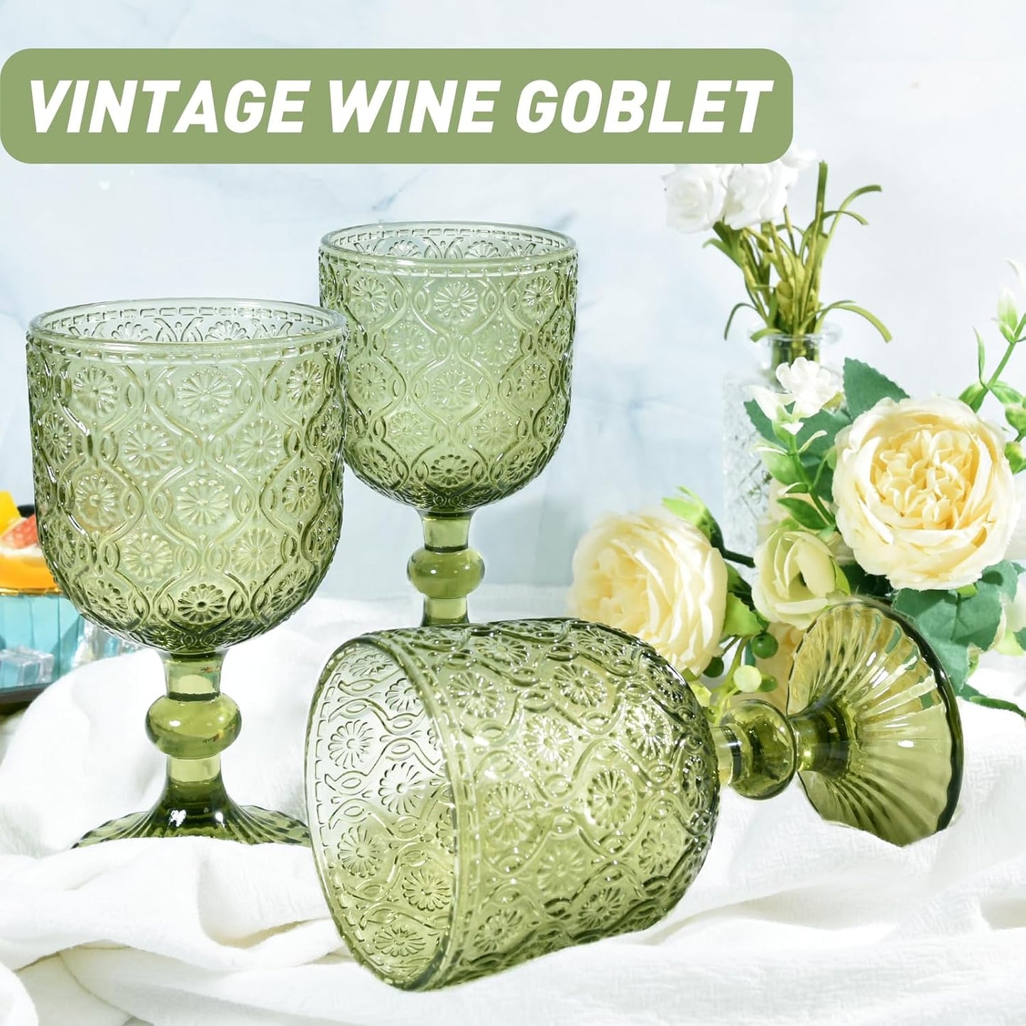 Green Vintage Wine Glasses set of 6 Goblets Glassware, 14 oz Green Wine Glasses, Vintage Colored Glass Goblet for Wedding, Party, Red Wine Glass, Bars, Restaurants Dishwasher Safe