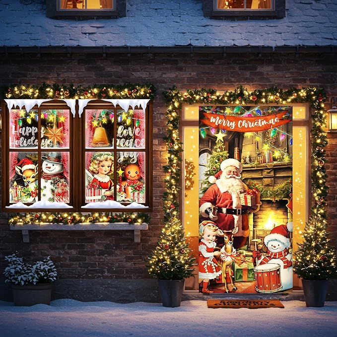 Tioncy 3 Pcs Merry Christmas Door Decorations Set 71" x 35" Christmas Door Cover 47" x 32" Window Cover Santa Claus Reindeer Snowman Gingerbread Bell Pattern Porch Banner Indoor Outdoor Decoration
