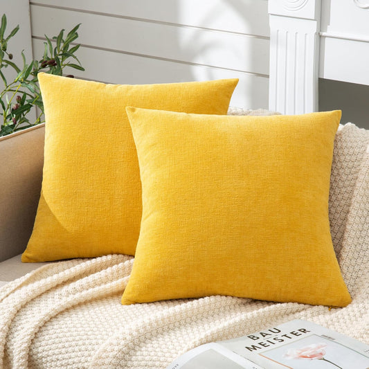 GAWAMAY Decorative Chenille Throw Pillow Covers 26x26 Inch Pack of 2, Soft Square Couch Pillow Cover for Sofa Cushion Living Room Bedroom Solid Dyed Oversized Pillowcases Yellow 66x66cm (ONLY Covers)