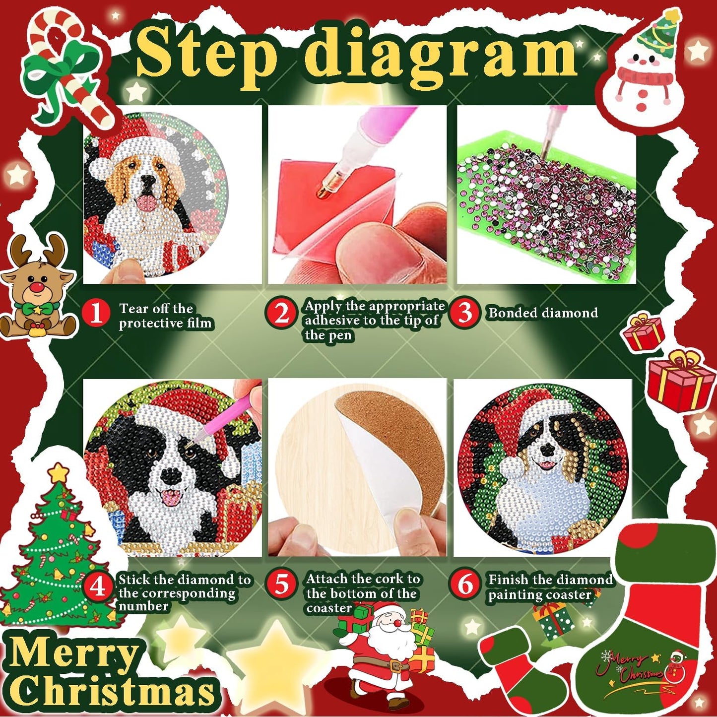 Leatrice 6PCS Christmas Diamond Art Coasters Small Diamond Painting Kits for Adults Diamond Dots Full Drill Diamond Painting Coasters with Holder Easy Art Crafts for Beginners Party