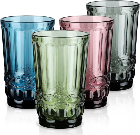 Joeyan Vintage Drinking Glasses Set of 4, 14oz Highball Glass Water Tumbler with Embossed Serpentine Pattern, Colored Tall Glassware Beverages Cups for Christmas Wedding Party Banquet, Multicolor