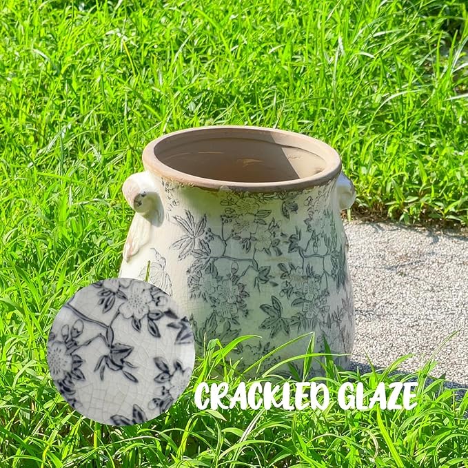 Vintage Grey Ceramic Ice Crack Glaze Flower Pot with Drainage Holes and With Handle, Country Rustic Planters for Indoor and Outdoor,Tuscan Decor,Home,Living Room, Garden Decor, Gardening Gift (Grey)