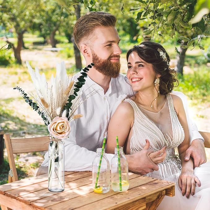 10 Set Dried Pampas Grass Centerpiece for Wedding 10 Clear Glass Jars 10 Artificial Roses 80 Dried Pampas Grass with Rope for Baby Shower Rustic Bridal Party Farmhouse Decoration (Champagne)