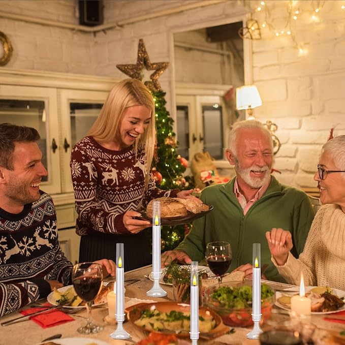 White Flameless Taper Candles, 6 Pack Acrylic LED Candles with Remote Timer, 9.25"x0.75" Battery Operated Flickering Window Candle for Home Wedding Decor, and Holiday Celebrations