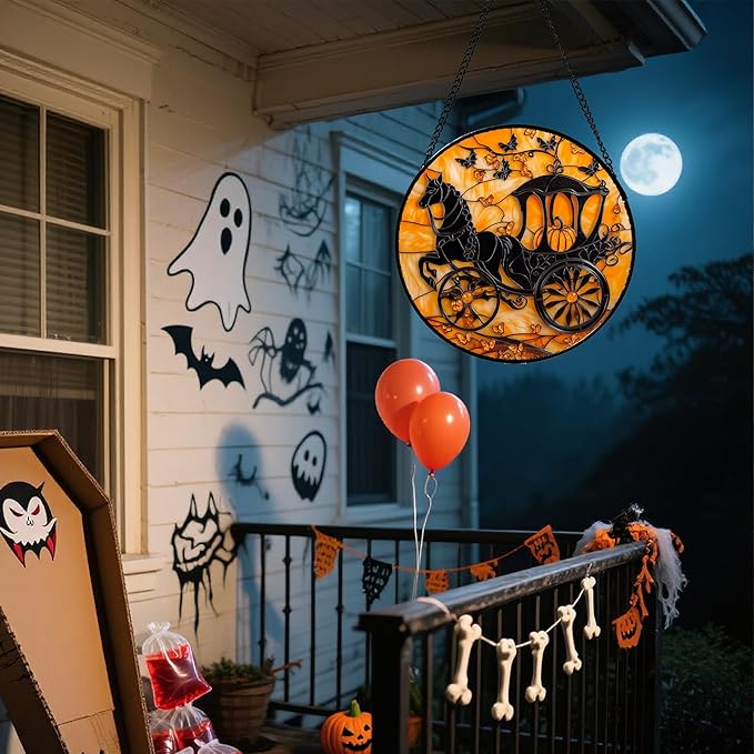 Stained Glass Window Hanging - Halloween Pumpkin Carriage Suncatcher for Doors Window Garden Indoor Spooky Funny Orange Sun Catchers Gothic Decor Horror Gifts for Women Men Friend 11.8 in