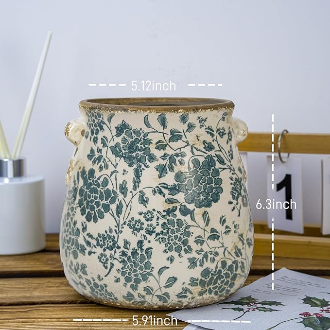 Teal Ceramic Pot for Planter, Vintage Flower Pot with Drainage Holes, 6.3 inch Ice Crack Glazed Indoor Planters Pot with Handle (Cyan)