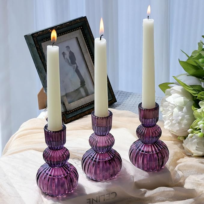 Woho Purple Candlestick Holders Set of 3 for Halloween Decorations, 4.3" H Ribbed Glass Taper Candle Holders Bulk for Wedding Table, Vintage Candle Sticks Holder Decor for Birthday Party/Home Decor