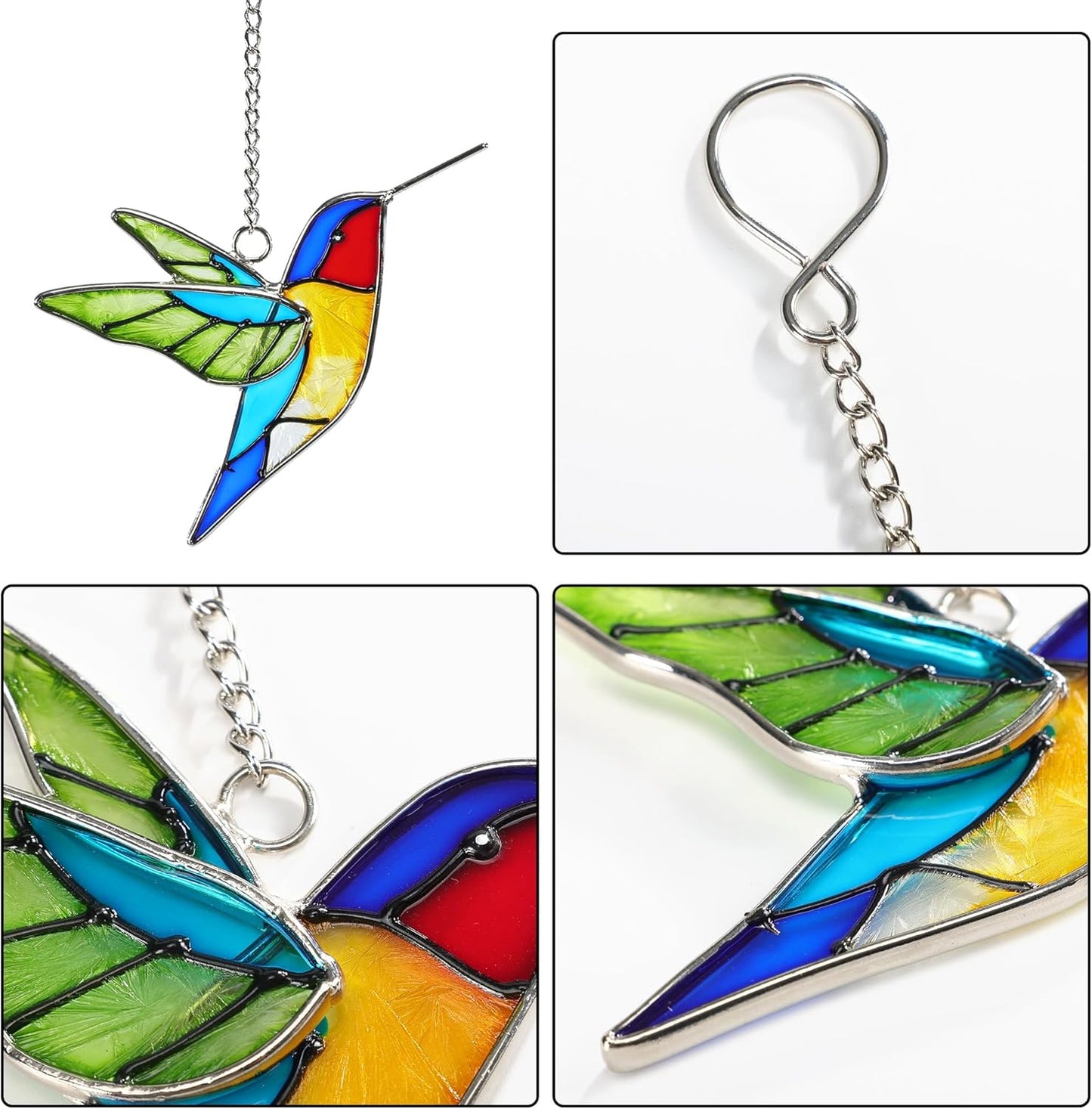 Handmade Stained Glass Hummingbird Hanging Ornament - Colorful 4.3x4.9 Inch Window/Garden Decor for Mom, Grandma, Mother's Day - Patio, Home, Wedding Decorations(Green Wing)