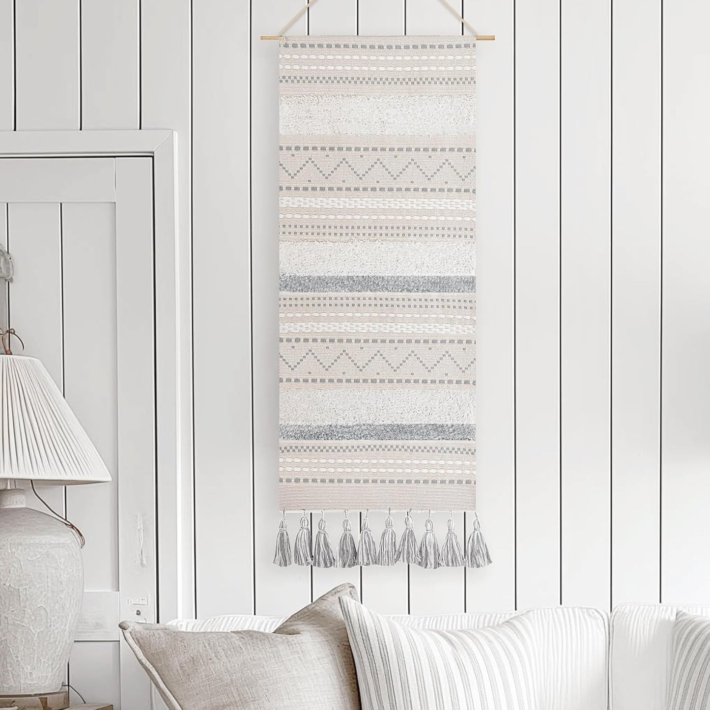 BlissBlush Long Vertical Wall Hanging Tapestry Woven Boho Farmhouse Decor Gray Cream Tassel Handmade Wall Art Decoration for Bedroom Living Room Dorm Nursery Apartment, 16x39 INCH