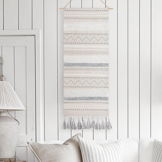 BlissBlush Long Vertical Wall Hanging Tapestry Woven Boho Farmhouse Decor Gray Cream Tassel Handmade Wall Art Decoration for Bedroom Living Room Dorm Nursery Apartment, 16x39 INCH
