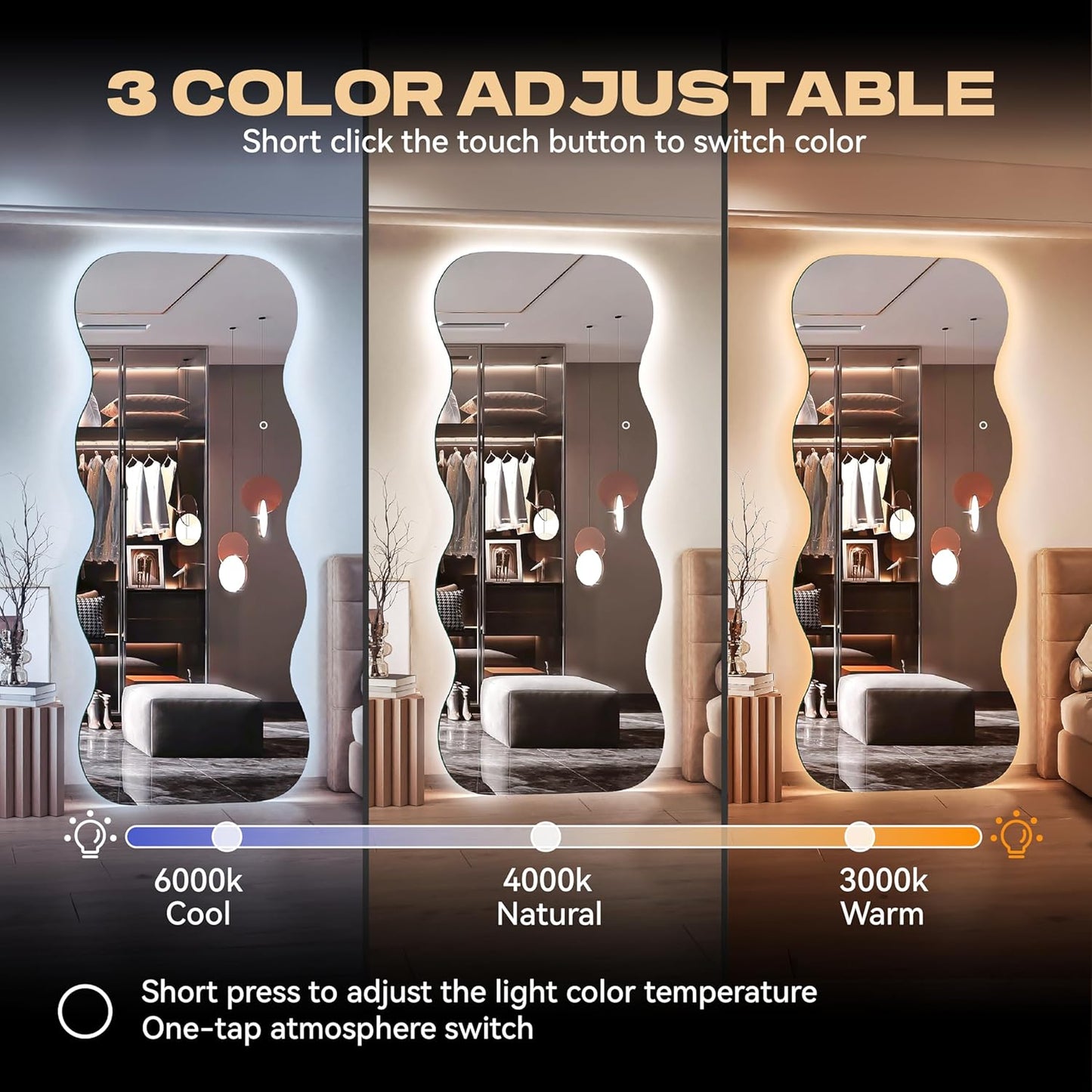 Hasipu Wavy Full Length Mirror with Lights - 79"×35" LED Wavy Floor Mirror, Frameless, Dimmable, Standing or Vertical/Horizontal Wall-Mounted Mirror for Bedroom, Living Room, Cloakroom