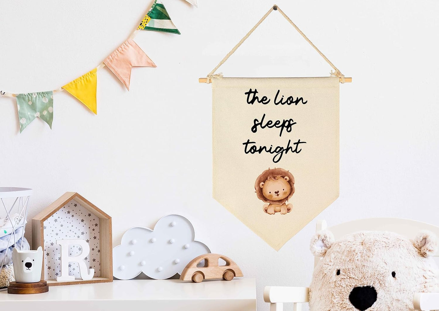 Flag Sign Gifts for Baby Newborn Boys Kids-Banner Wall Decor Present for Nursery Bedroom Playroom Front Door-Baby Present Shower-New Home-Birthday Christmas Gift-the Lion Sleeps Tonight