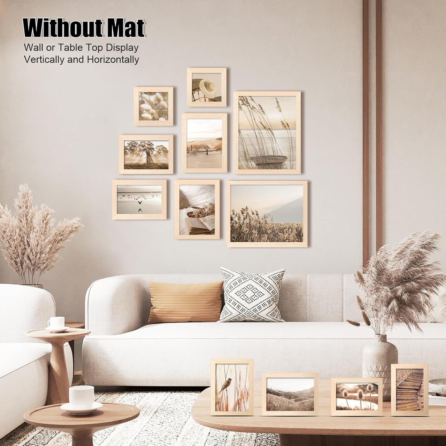 Egofine Picture Frame Set 12 Pack, Picture Frames Collage Wall Decor with Two 8x10, Four 5x7, Four 4x6, Two 4x4 for Wall and Tabletop, Made of Solid Wood, Covered by Plexiglass, Natural Wood