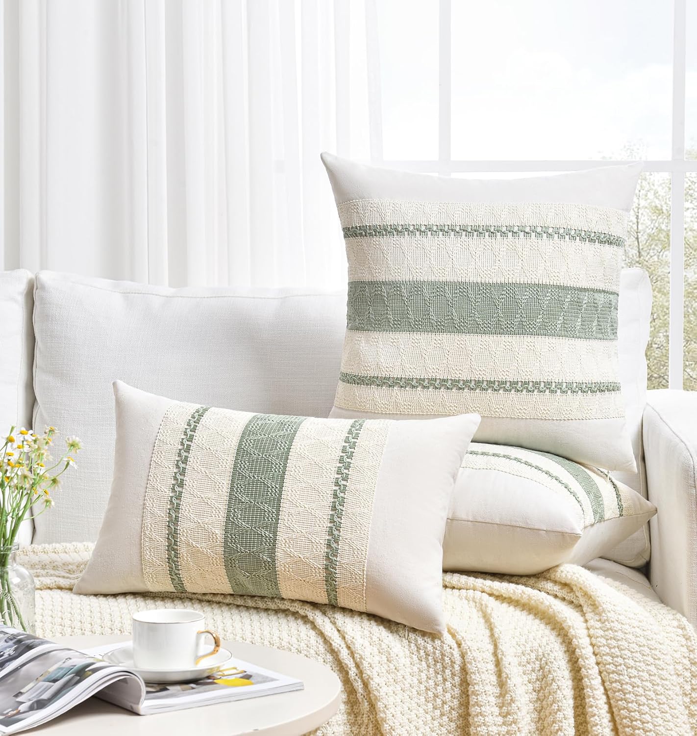 Fancy Homi Set of 2 Sage Green Boho Lumbar Decorative Throw Pillow Covers 14x24 Inch for Living Room Bedroom Couch Bed Sofa, Rustic Retro Cushion Case, Bohemian Room Home Decor