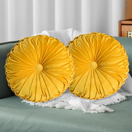 HIG Set of 2 Yellow Ruched Velvet Round Throw Pillows – 14.5’’ Decorative Pillows with Soft Polyester Filling for Couch, Bed, Living Room, Bedroom, or Dorm – Handmade, Stress Relieving, All-Season
