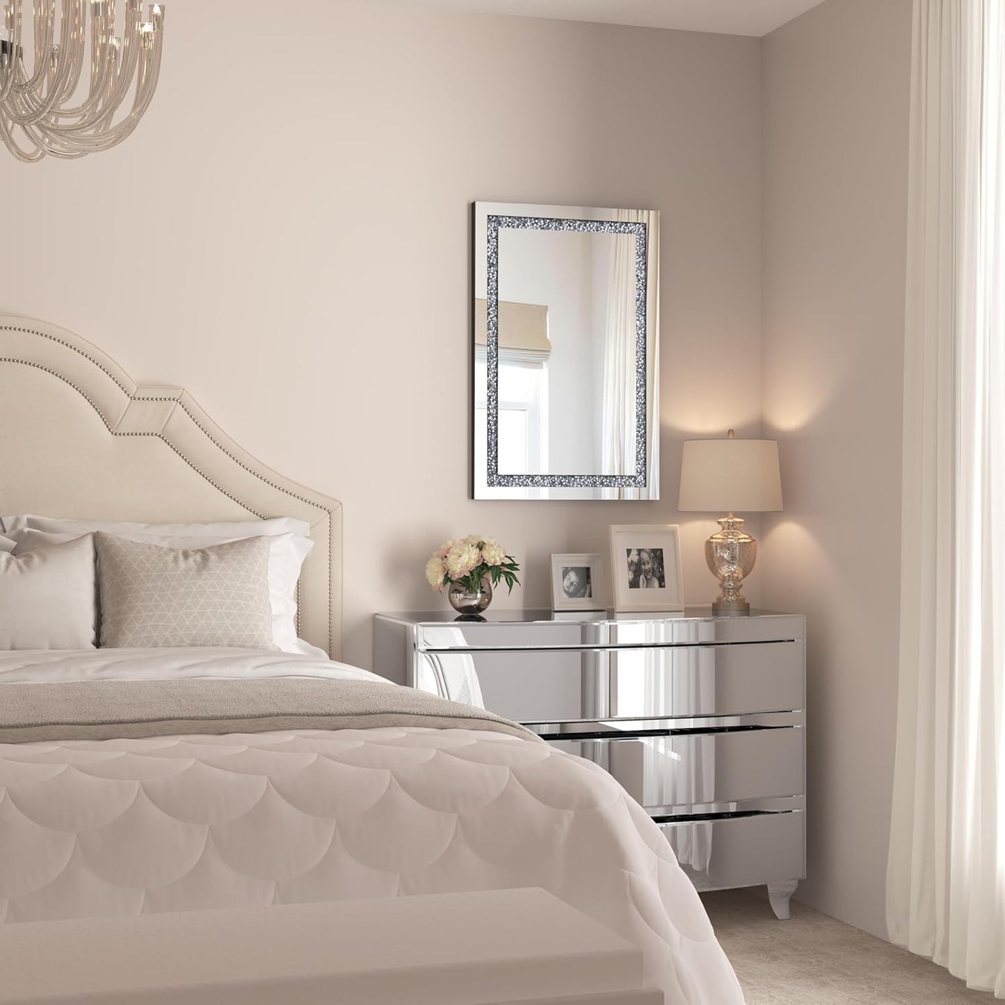 Crystal Decorative Mirror-16 x24 Rectangle Gorgeous Silver Mirror, Crush Diamond Mirror for Wall Decoration Bedroom, Hallway, Dining Room