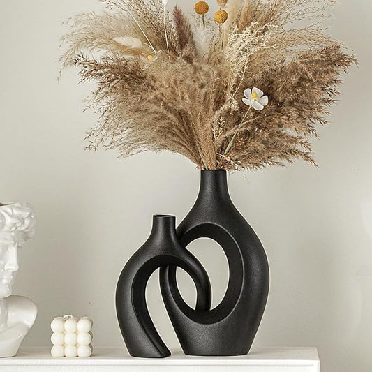 Snuggle Hollow Modern Ceramic Vase Set of 2, Mid Century Nordic Aesthetic Decorative Vase Decorative Vases for Home Table Decor (Matte Black W 6.8" X H 11")