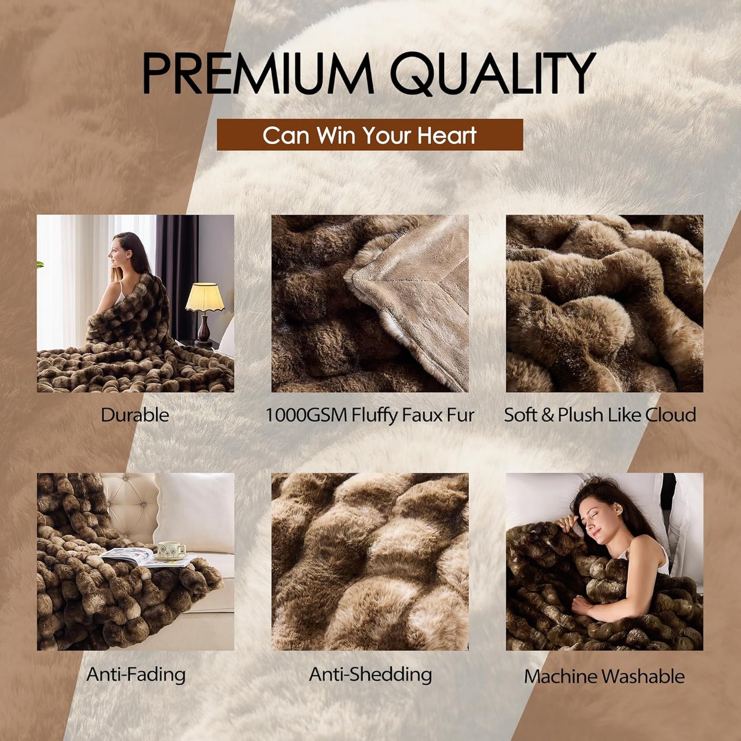 Luxury 1000GSM Faux Rabbit Fur Throw Blanket, Super Heavy Warm Cozy Blankets for Couch Bed Sofa, Bubble Plush Fuzzy Elegant Soft Reversible Mink Blanket for Living Room Bedroom, Brown