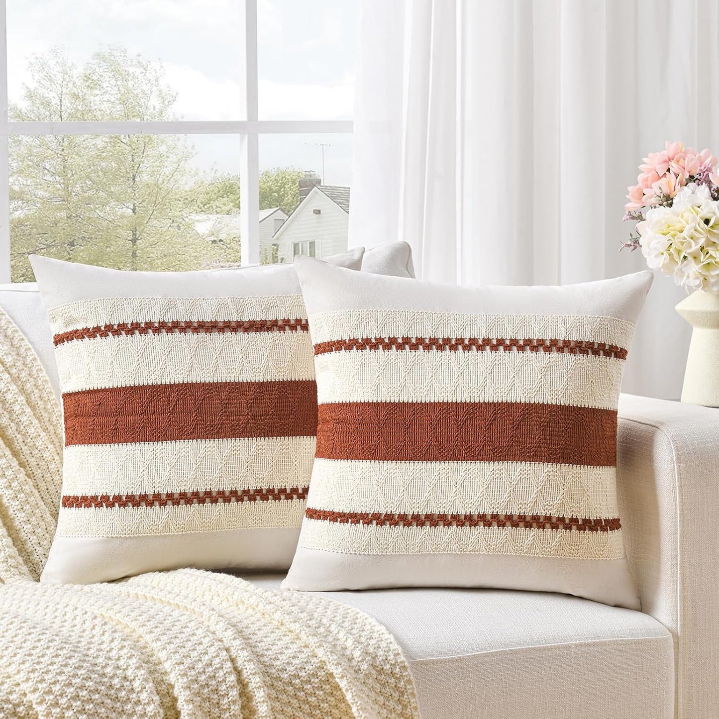 Fancy Homi Set of 1 Rust Boho Decorative Throw Pillow Covers 22x22 Inch for Couch Bed Sofa, Aesthetic Modern Organic Fall Room Decor, Soft Cotton Cute Terracotta Textured Farmhouse Cushion Case