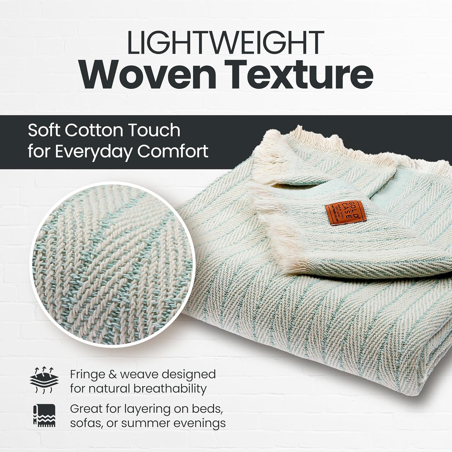 Gold Case Throw Blanket for Couch - 100% Recycled Turkish Cotton Blankets & Throws - Vintage Soft Throw Blankets for Living Room - Boho Decorative Woven Couch Blanket - 50x60 - Aqua