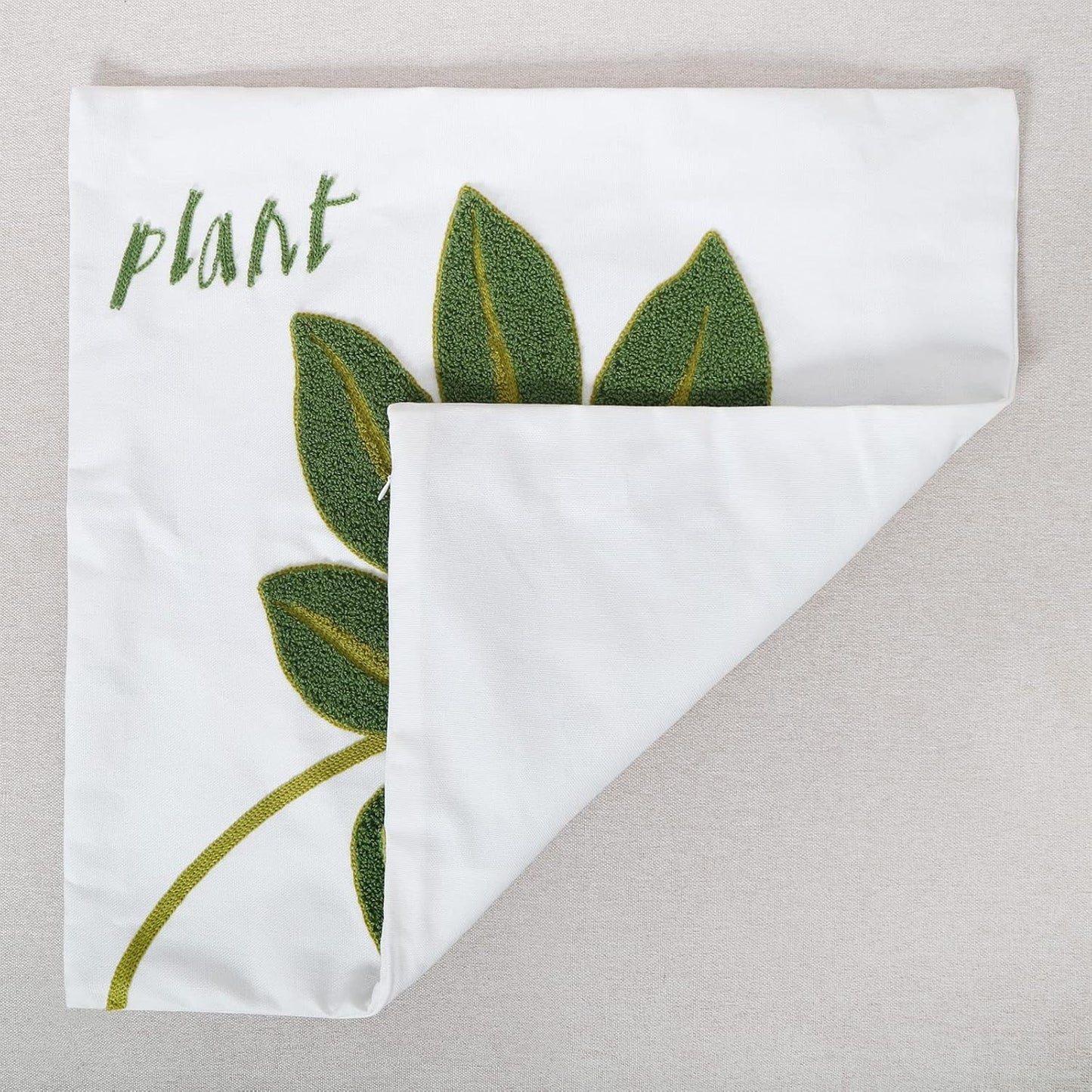 Embroidery Throw Pillow Cover 18x18 Green Tropical Leaf Loop Plant Word Embroidered Floor Pillow Cover for Couch 100% Cotton Decorative Cushion Cover Home Décor Pillow Case 45x45cm, 1 Piece