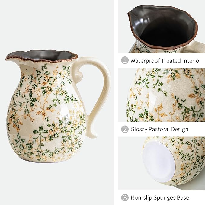 Green and White Vintage Vase with Handle, Chinoiserie Floral Pitcher Vase, Rustic Ceramic Farmhouse Vases for Home Decor, Living Room, Bookshelf, Office, Grand Millennial Decors, Tuscan Decor 7.9 Inch