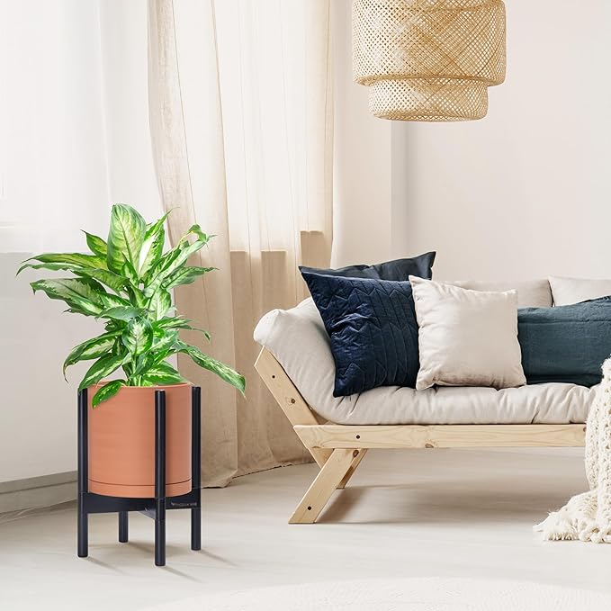 D'vine Dev Terracotta Planter with Ebony Stand - 10 Inch Modern Round Flower Pot with Wood Planter Holder, Terracotta, 55-B-L-5