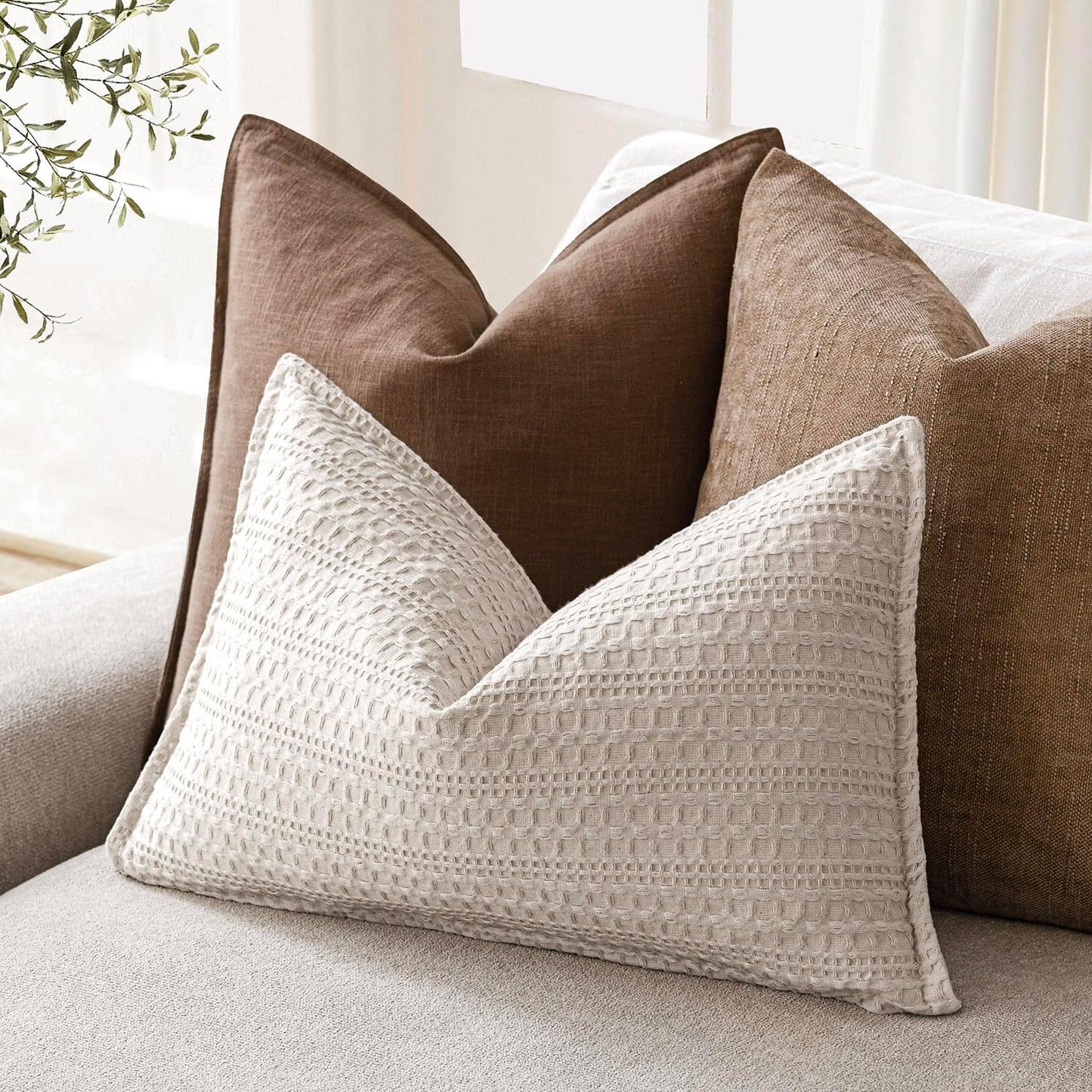 Foindtower Set of 2 Decorative Cotton Waffle Weave Lumbar Throw Pillow Covers Euro Shams Cushion Covers Accent European Pillowcase for Bed Couch Sofa Bedroom Living Room Home Decor 12×20 Inch Oatmeal