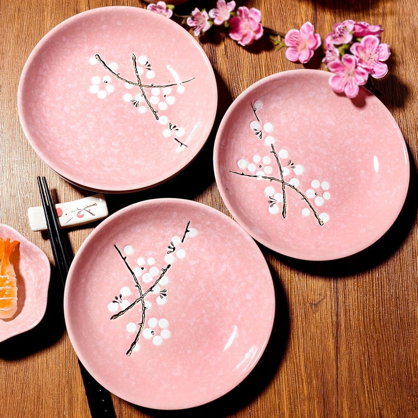 Japanese Ceramic Dinner Plates 7 Inch Pink Plates Set of 4, Cherry Blossom