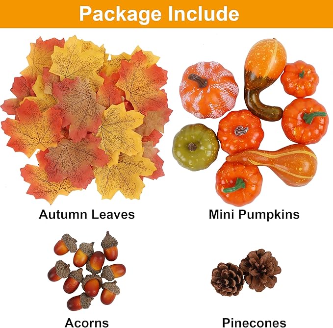 winemana Thanksgiving Fall Decorations for Home-6pcs Mini Pumpkins & 2pcs Gourds, 30pcs Leaves & 10pcs Acorns, 2pcs Pinecones Centerpiece Set-Harvest Decor for Table Mantel (Largest: 4.5" x 2.1")