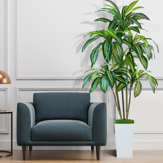 Dracaena Artificial Plants Indoor, 6FT Tall Faux Tree with White Tall Planter, Fake Yucca Tree Floor Plant, Artificial Trees for Home Office Living Room Garden Decor Outdoor, Housewarming Gift