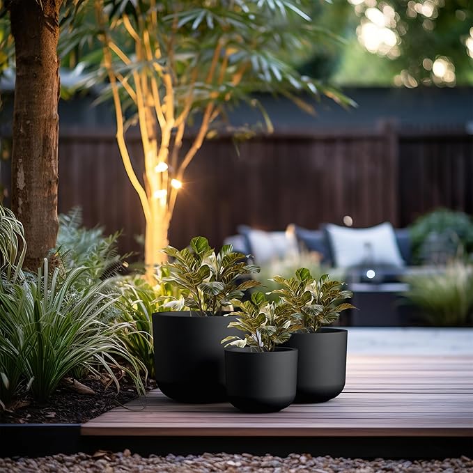 Kante 13",11",9" Dia Black Round Planters (Set of 3), Outdoor Indoor Modern Planter Pots, Lightweight, Weather Resistant, Seamless with Drainage Hole
