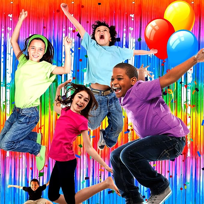 4 Pack Rainbow Foil Fringe Curtain Backdrop, 3.3Ft x 9.8Ft Colorful Metallic Tinsel Foil Streamers Curtains for Photo Booth, Wedding, Thanksgiving, Birthday, Christmas, Halloween Party Decoration