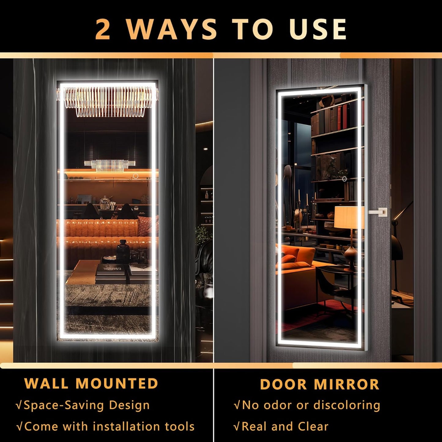 Hasipu LED Door Mirror Full Length, 44" x 15.8" Lighted Over The Door Hanging, Full Body Wall Mounted, Light Up Long Dressing, Square White