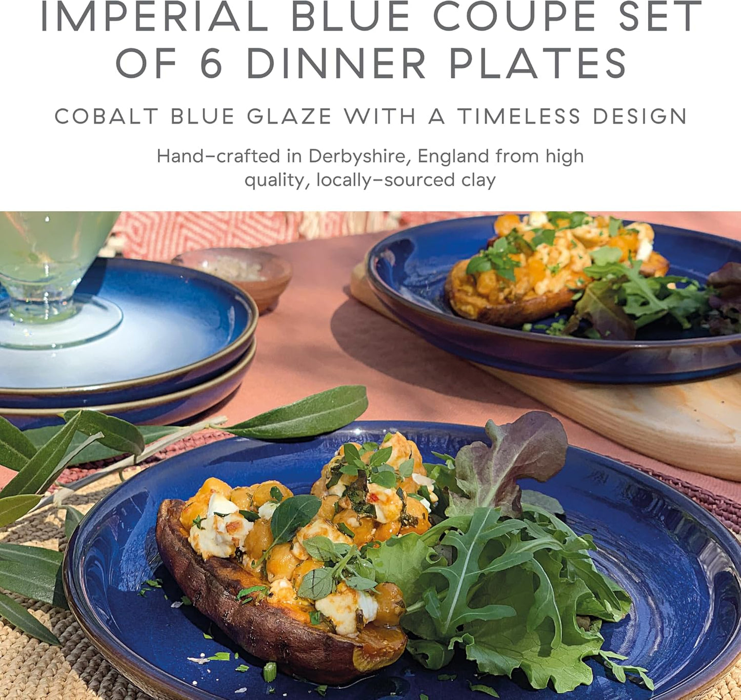 Denby - Imperial Blue Coupe Dinner Plates Set of 6 - Dishwasher Microwave Oven Safe - Scratch Chip Resistant - Large Ceramic Stoneware Dinnerware Plates Set